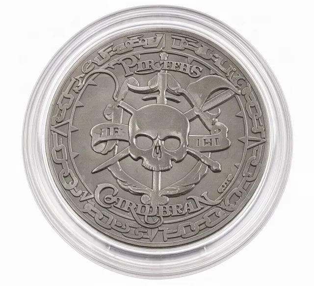 Pirate atop Treasure Disney medallion coin, back (Pieces of Eight, Disneyland Park)
