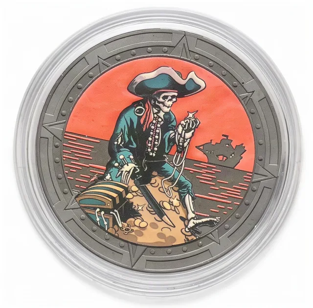 Pirate atop Treasure Disney medallion coin, front (Pieces of Eight, Disneyland Park)