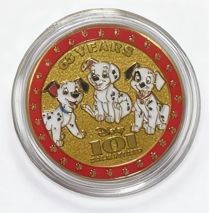101 Dalmatians 65 Years Disney medallion coin, front (Expo machine 2, D23 Expo 2026)