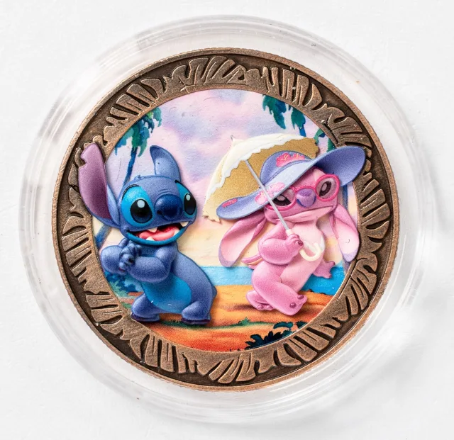 Stitch & Angel Disney medallion coin, front (Disney's Polynesian Village Resort, Resort Hotels)
