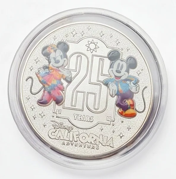 Mickey & Minnie DCA 25 Years Disney medallion coin, front (D23 Day event machine, D23 Day at Disneyland 2026)