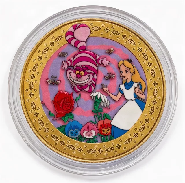 Alice & Cheshire Cat Disney medallion coin, front (Disney's Grand Floridian Resort & Spa, Resort Hotels)