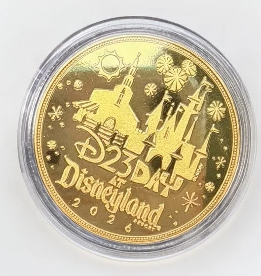 Disneyland Castle & Marquee Disney medallion coin, D23 Day at Disneyland 2026 back (D23 Day event machine, D23 Day at Disneyland 2026)