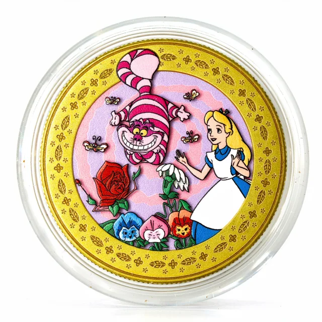 Alice & Cheshire Cat Disney medallion coin, front (Disney's Grand Floridian Resort & Spa, Resort Hotels)