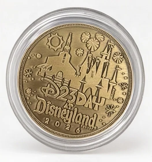 Trader Sam's 15 Years Disney medallion coin, D23 Day at Disneyland 2026 back (D23 Day event machine, D23 Day at Disneyland 2026)