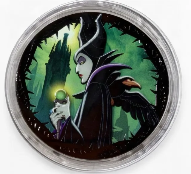 Maleficent (Human / Dragon) Disney medallion coin, front (The Disneyland Story (Main Street Opera House exit), Disneyland Park)