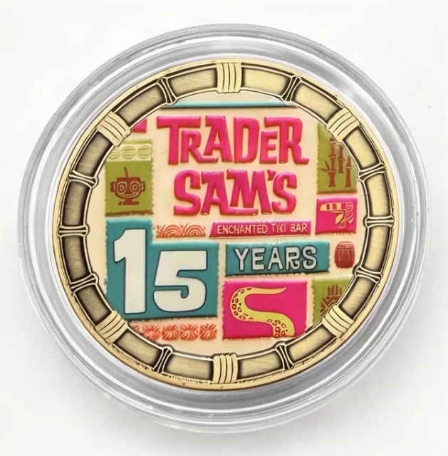 Trader Sam's 15 Years Disney medallion coin, front (D23 Day event machine, D23 Day at Disneyland 2026)