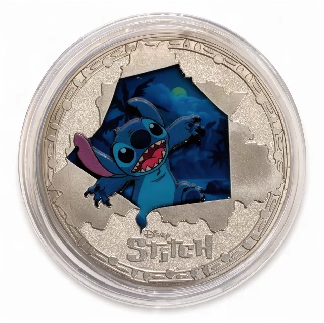 Stitch Burst Disney medallion coin, front (Disney's Pin Traders, Disney Springs)
