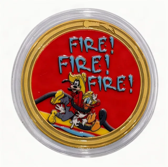 Donald & Goofy Firefighters Disney medallion coin, front (Main Street Firehouse, Magic Kingdom)