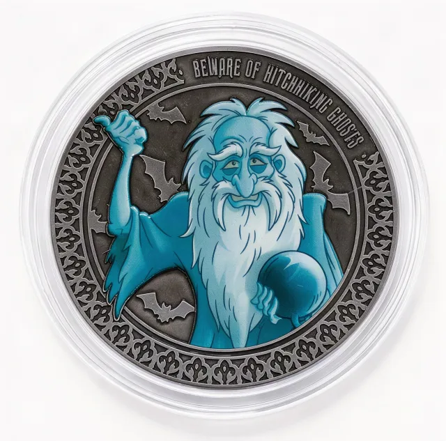 Hitchhiking Ghost 2 Disney medallion coin, front (Disney's Pin Traders, Disney Springs)