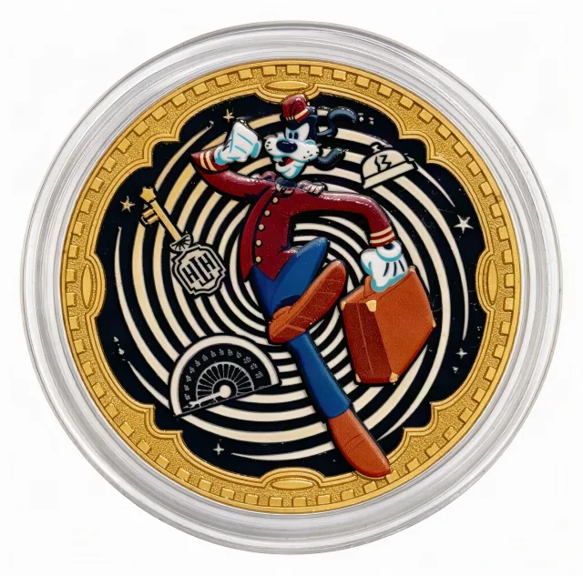 Goofy Bellhop Disney medallion coin, front (Tower Hotel Gifts, Disney's Hollywood Studios)