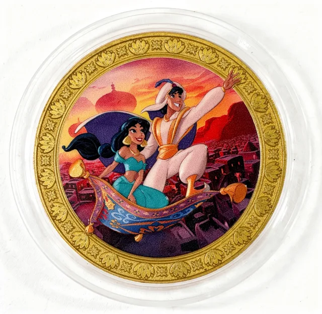 Aladdin & Jasmine Disney medallion coin, front (Adventureland Breezeway, Magic Kingdom)