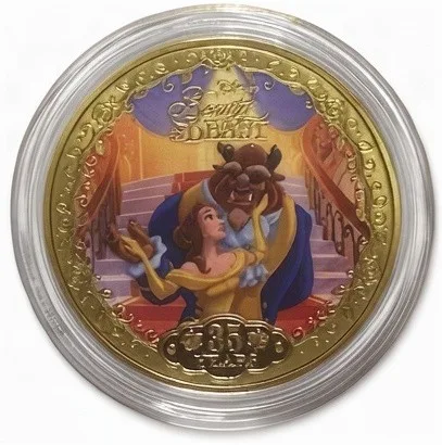 Beauty and the Beast 35 Years Disney medallion coin, front (Expo machine 1, D23 Expo 2026)