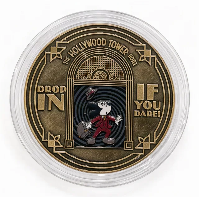 Mickey Elevator 'Drop In If You Dare!' Disney medallion coin, front (Tower Hotel Gifts, Disney's Hollywood Studios)