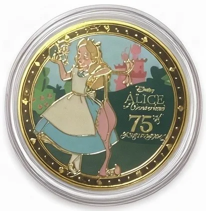 Alice in Wonderland 75th Anniversary Disney medallion coin, front (Expo machine 1, D23 Expo 2026)