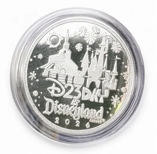 The D23 Day at Disneyland 2026 back of a Disney medallion coin (Mickey & Minnie DCA 25 Years)
